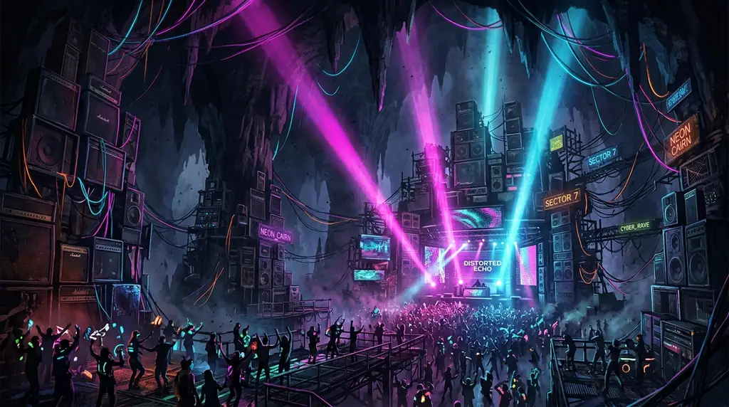Cyberpunk cavern rave scene